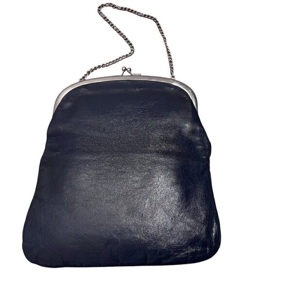 VTG 50s Navy Kiss Lock Snap Leather Hand Bag Purse Silvertone Chain Strap Women - Picture 3 of 9